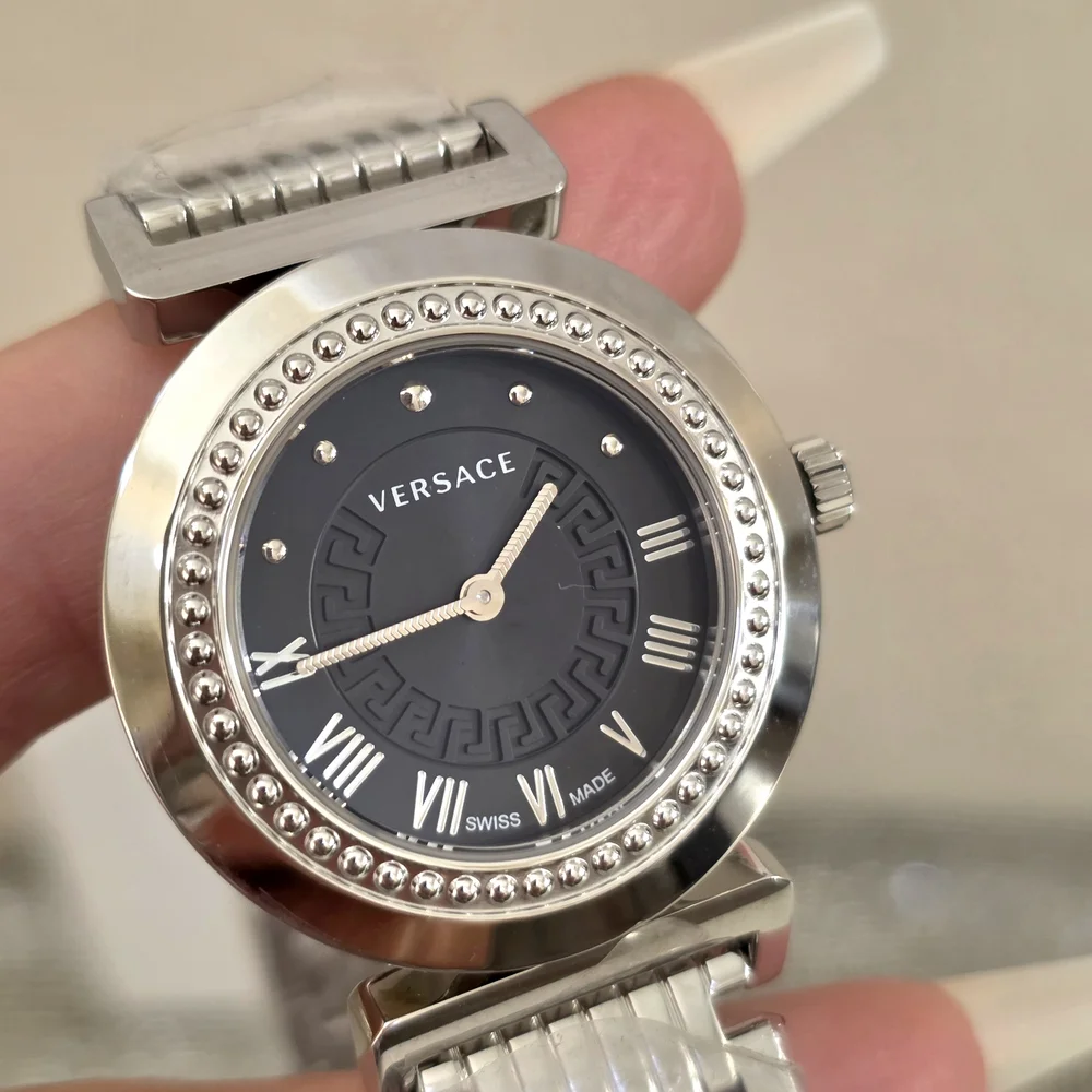 NEW Versace Swiss Made Stainless Black Dial Silver Bracelet Women's Wristwatch